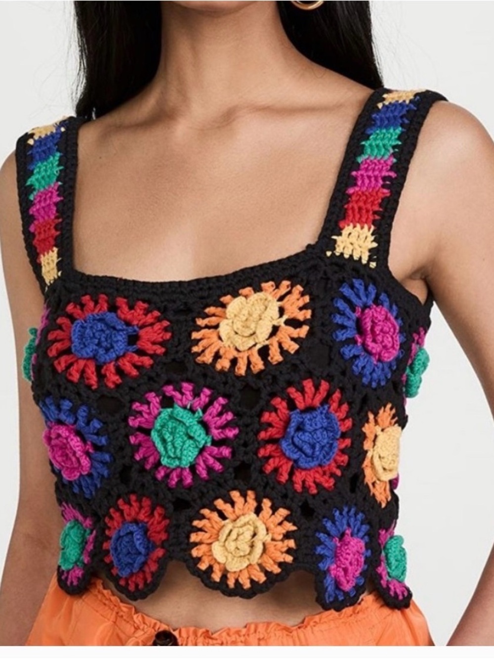 FARM Rio Black Crochet Floral Square-Neck Crop Top with Multi-Colored Motifs